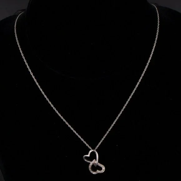 Sterling Silver Diamond Heart Necklace Diamond Accent Double Heart Pendant 18.5" - Picture 2 of 3